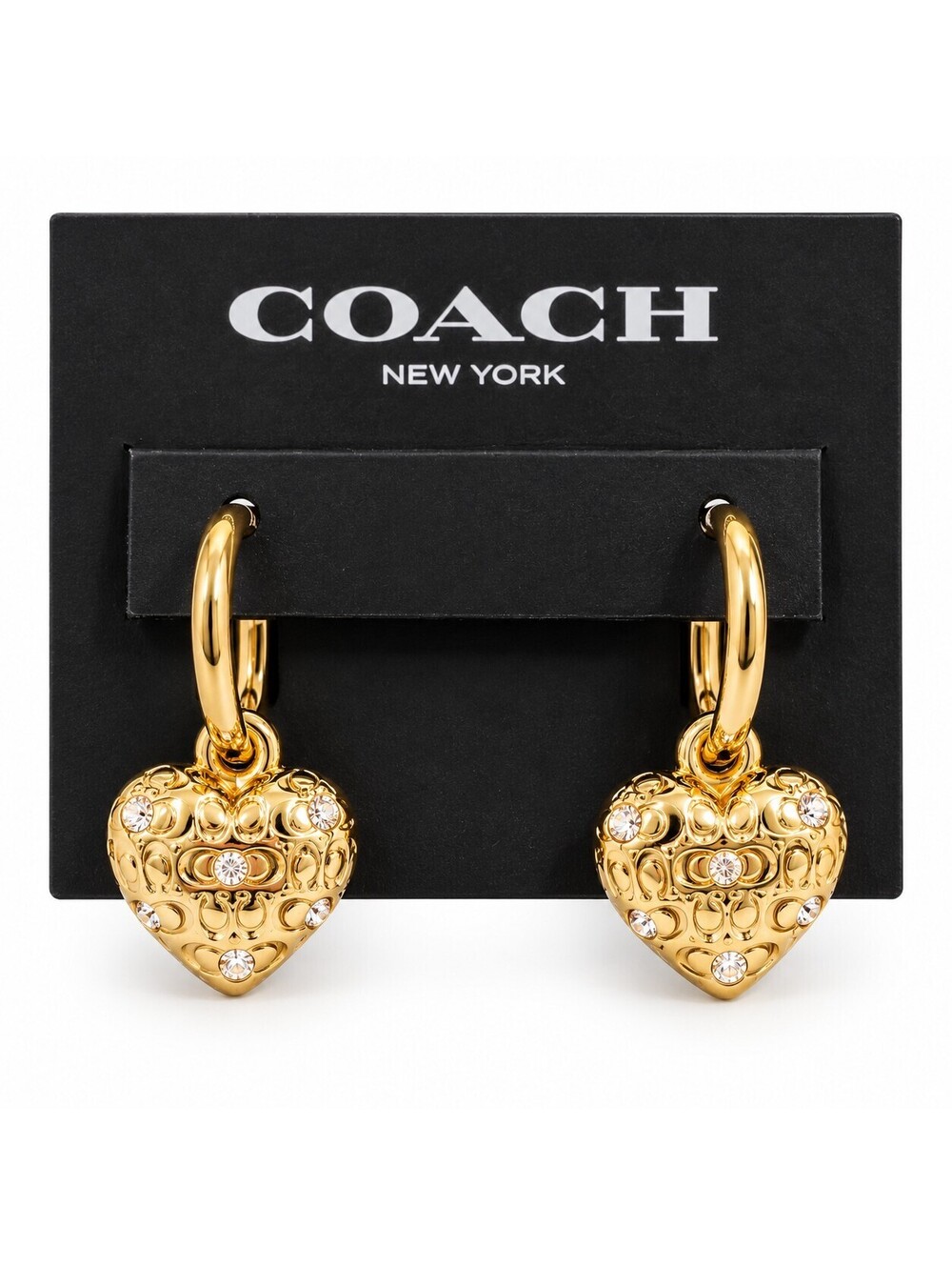 COACH Quilted C Crystal Heart Charm Huggie Earrings